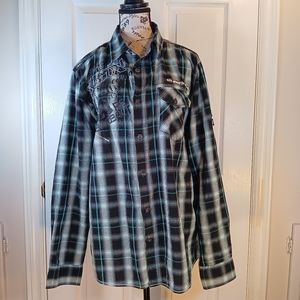NWOT Oxygen Men's Button Down Graphic Shirt Long Sleeve Cotton Black Teal Size L